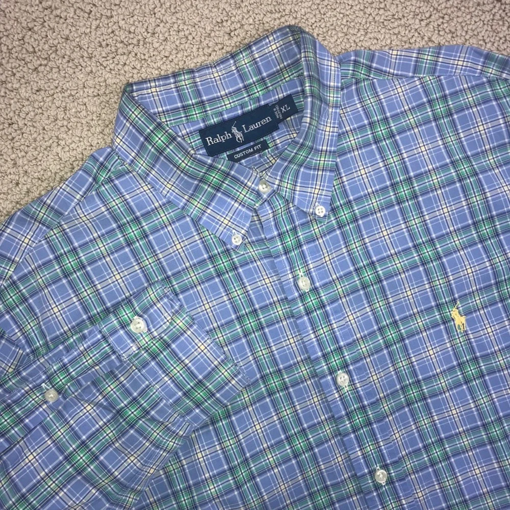 Ralph Lauren Mens XL‎ Custom Fit Plaid Button Down Shirt Blue Green Long Sleeve